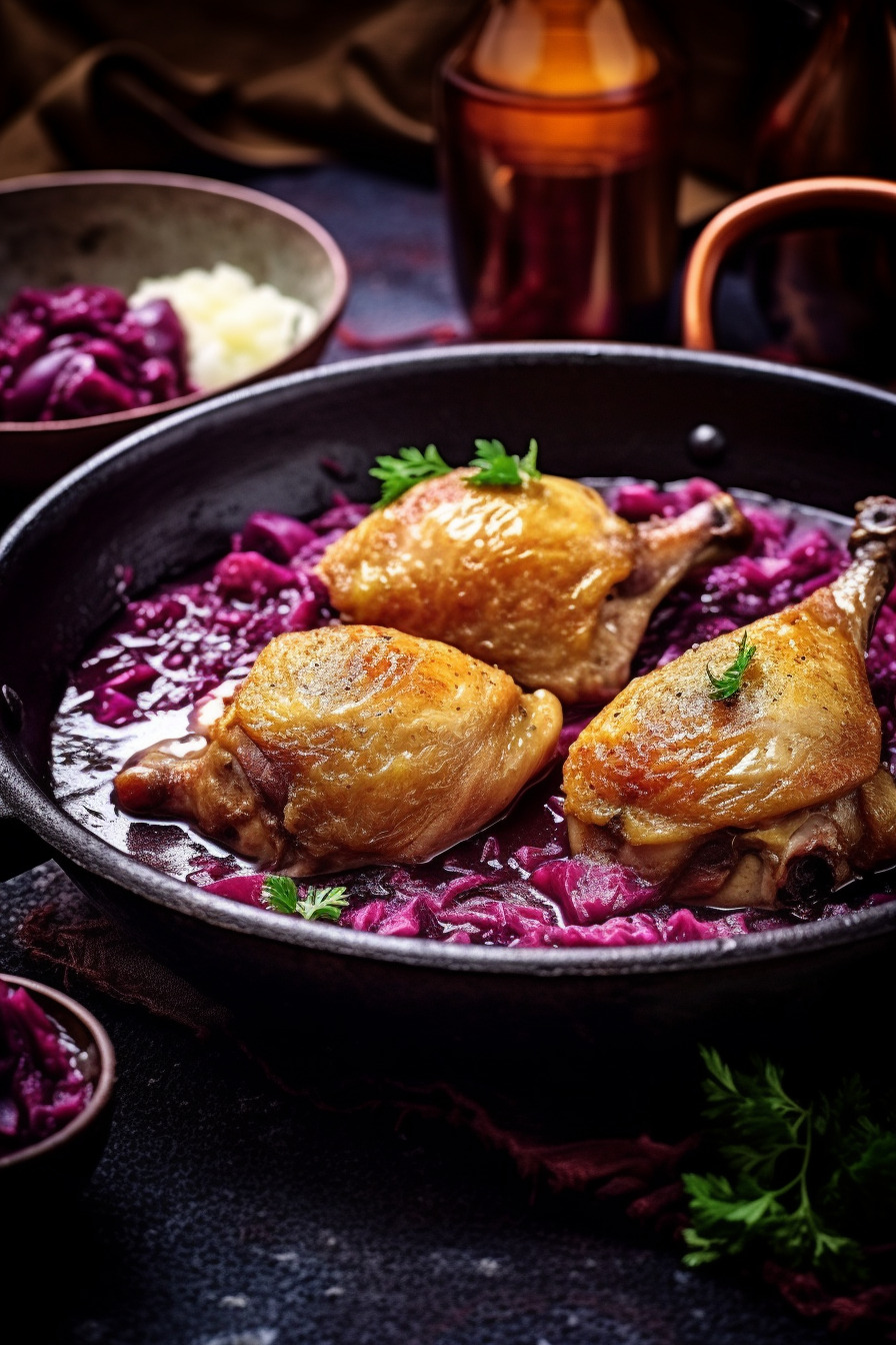 Geschmorte Entenkeulen mit Rotkohl und Klößen auf einem Teller angerichtet.