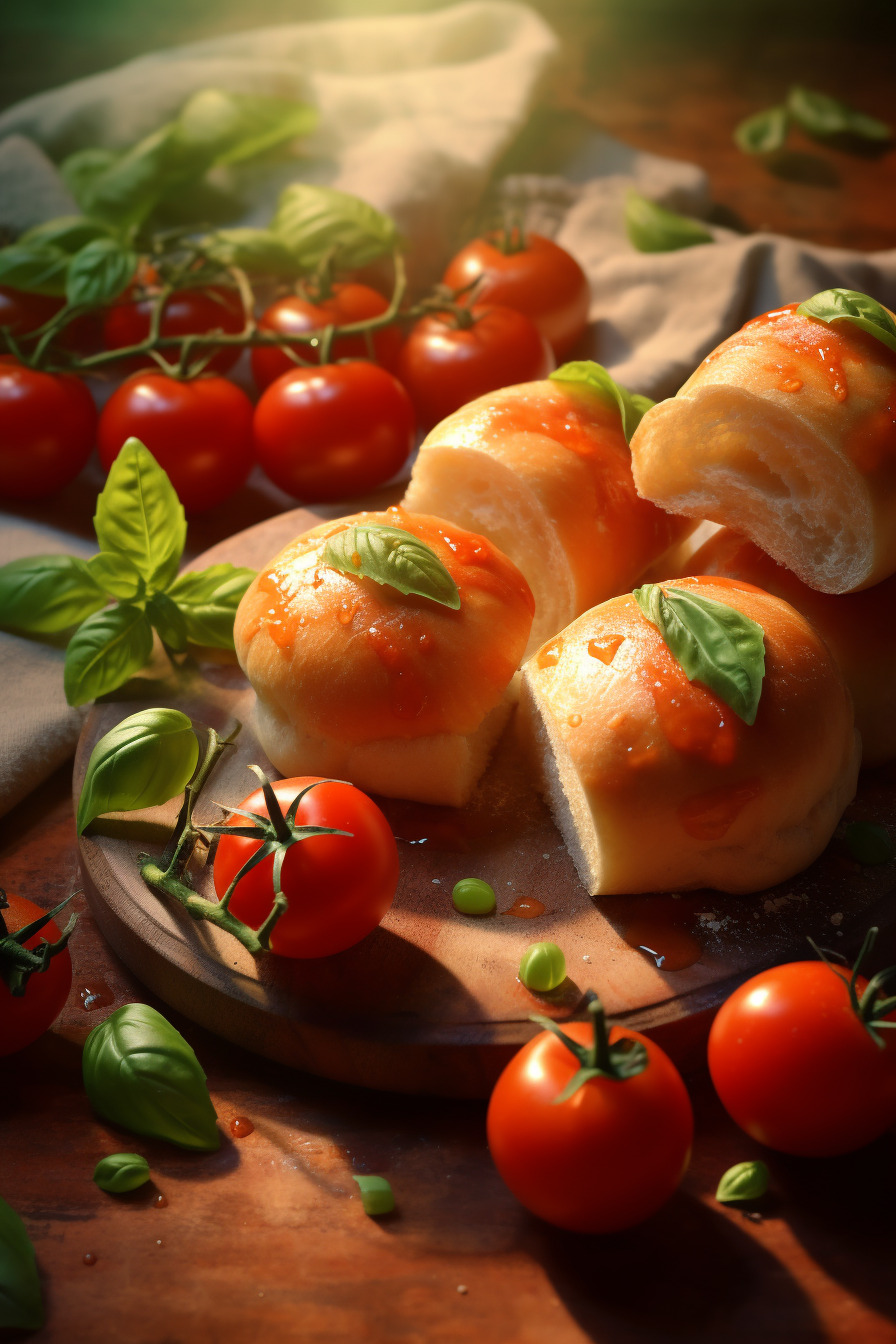 Brot-Häppchen mit Tomate und Basilikum.