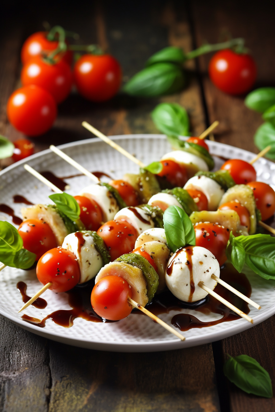 Caprese-Spieße auf einem Servierteller.