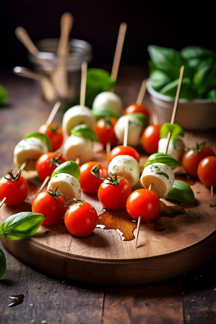 Caprese-Spieße auf einem Holzbrett serviert.