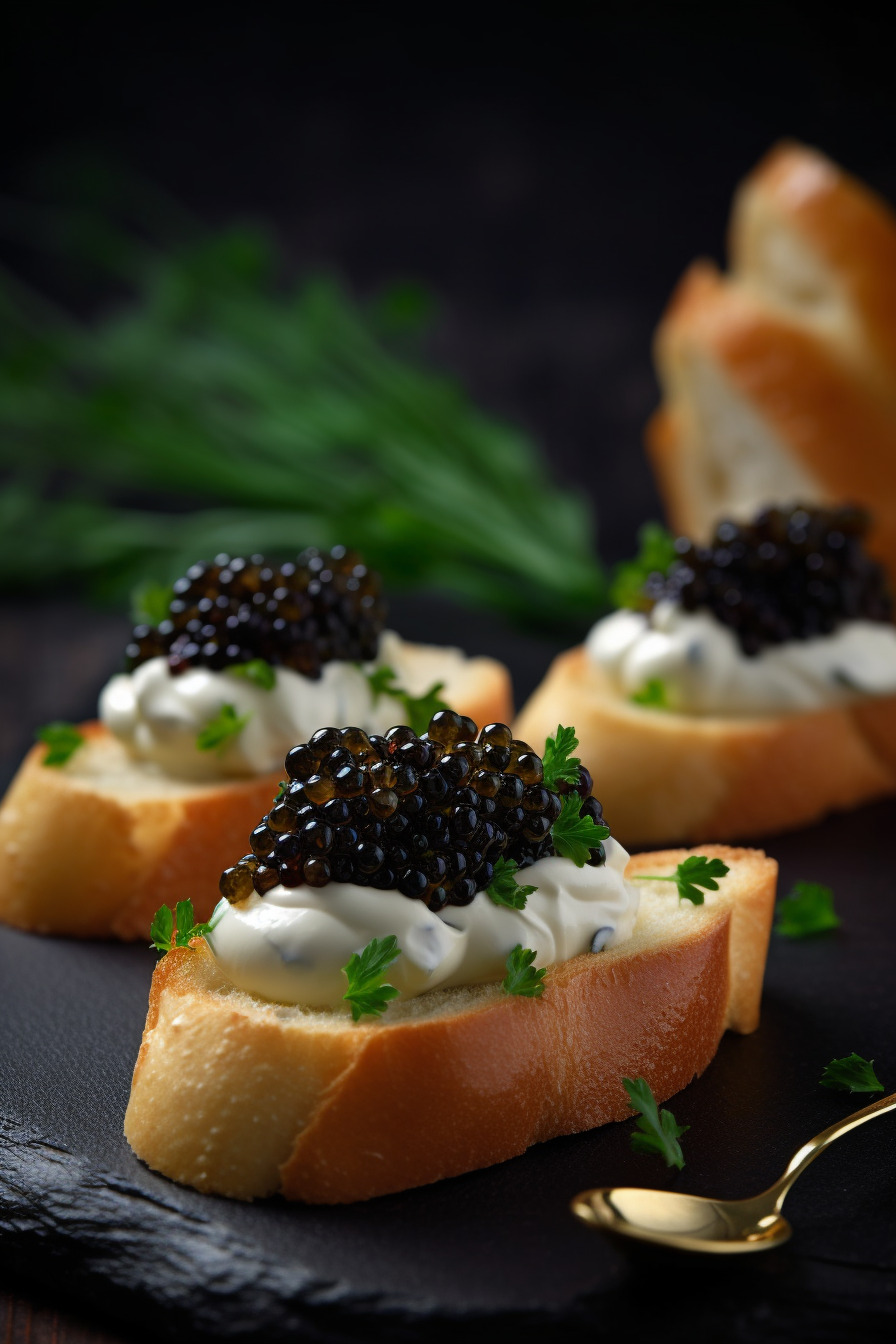 Kaviar-Häppchen auf Baguette mit Crème fraîche und Schnittlauch.