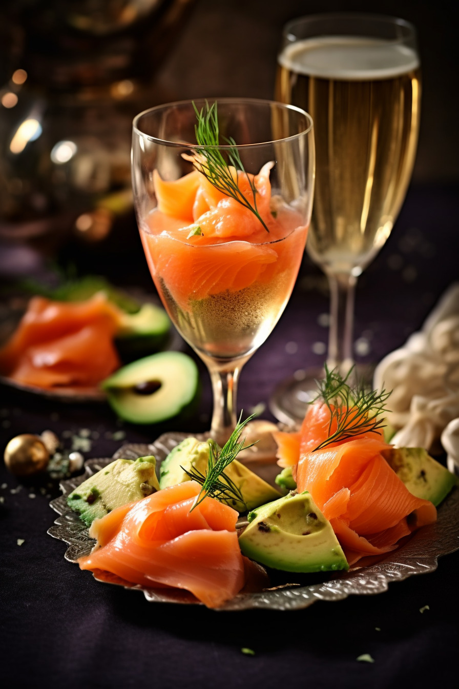 Champagner-Fingerfood mit geräuchertem Lachs und Avocado-Dip