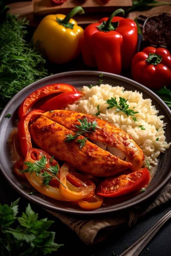 Hähnchenbrust mit Paprika-Tomaten-Gemüse und Reis