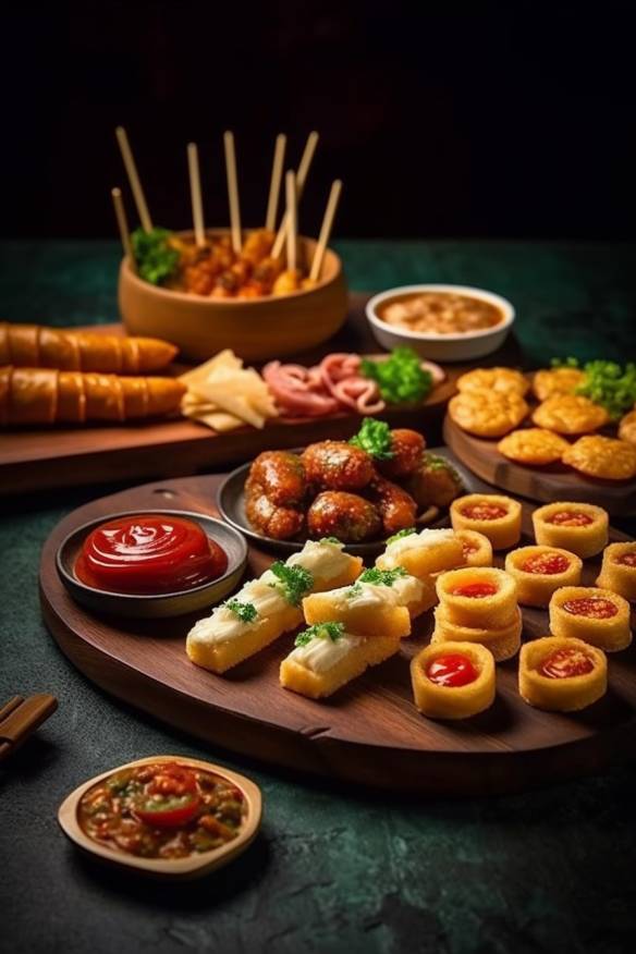 Chinesisches Fingerfood mit verschiedenen leckeren Snacks.