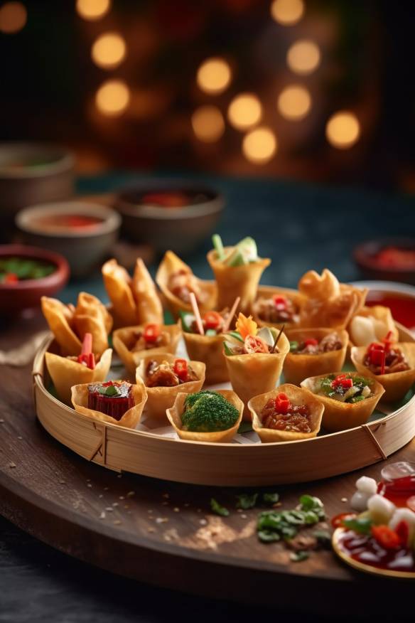 Chinesisches Fingerfood mit verschiedenen leckeren Snacks.