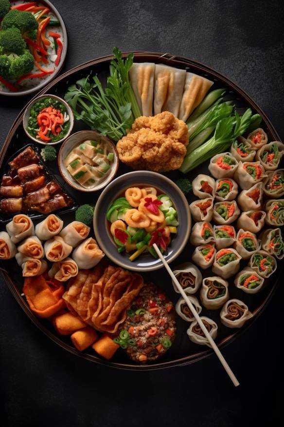 Chinesisches Fingerfood mit verschiedenen leckeren Snacks.