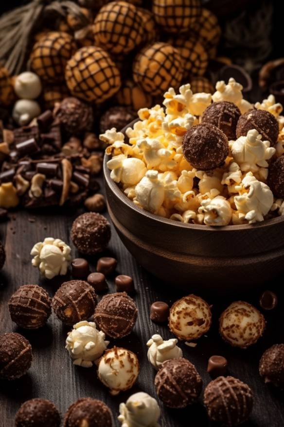 Schokoladenkugeln und Popcorn