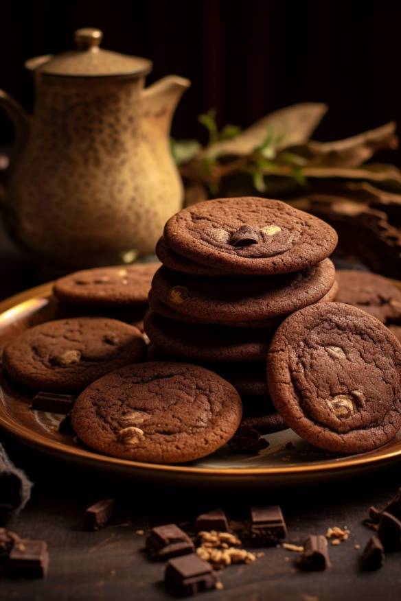 Schokoladen-Cookies auf einem Teller angerichtet.