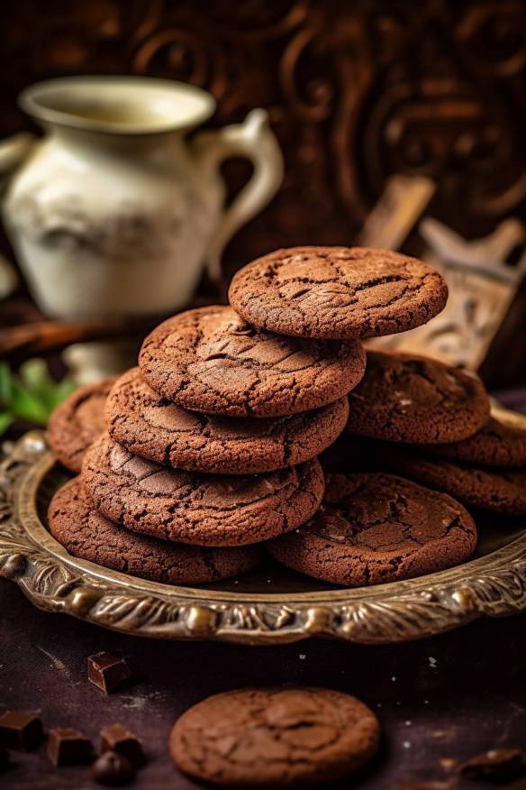 Schokoladen-Cookies auf einem Teller angerichtet.