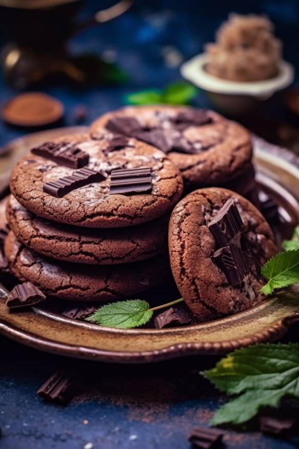 Schokoladen-Cookies auf einem Teller angerichtet.