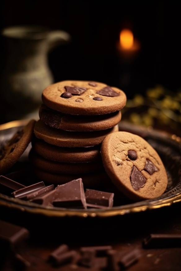 Schokoladen-Cookies auf einem Teller angerichtet.