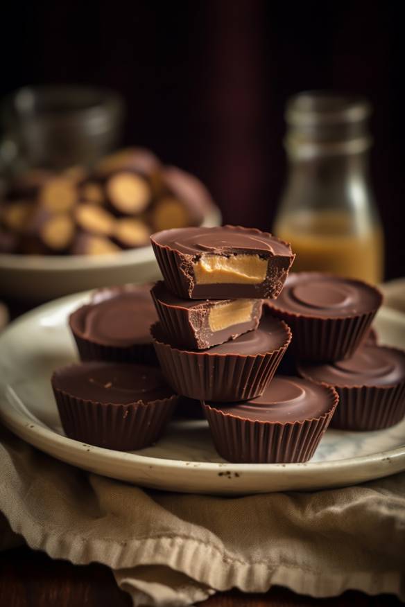 Schokoladen-Erdnussbutter-Cups in einer Papierform auf einem Teller