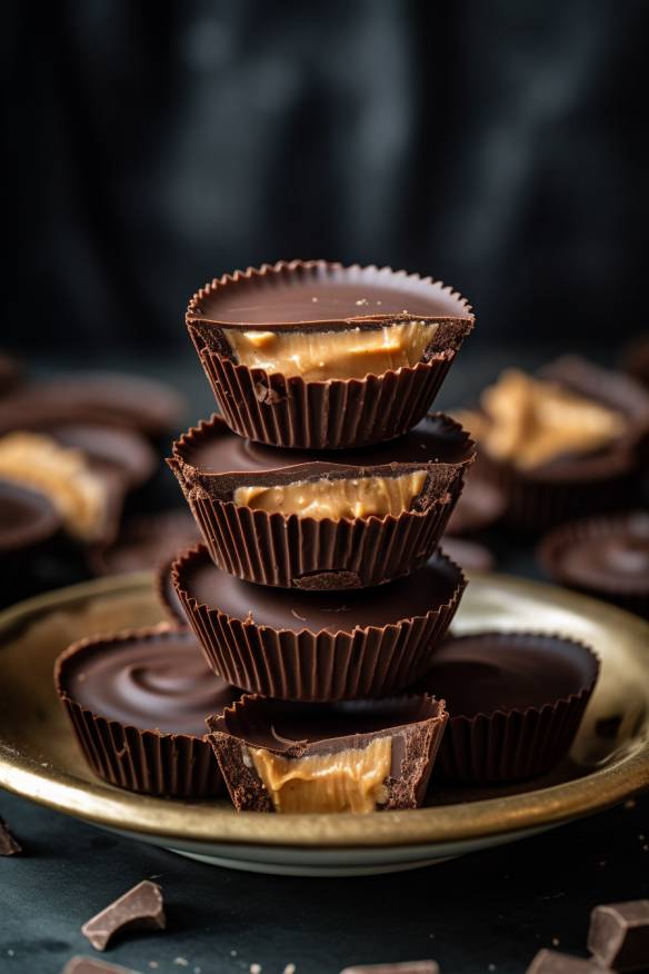 Schokoladen-Erdnussbutter-Cups in einer Papierform auf einem Teller