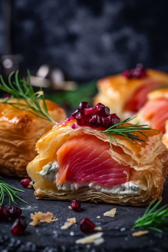 Weihnachtliche Häppchen mit Blätterteig, Rote Beete, Lachs und Ziegenkäse.