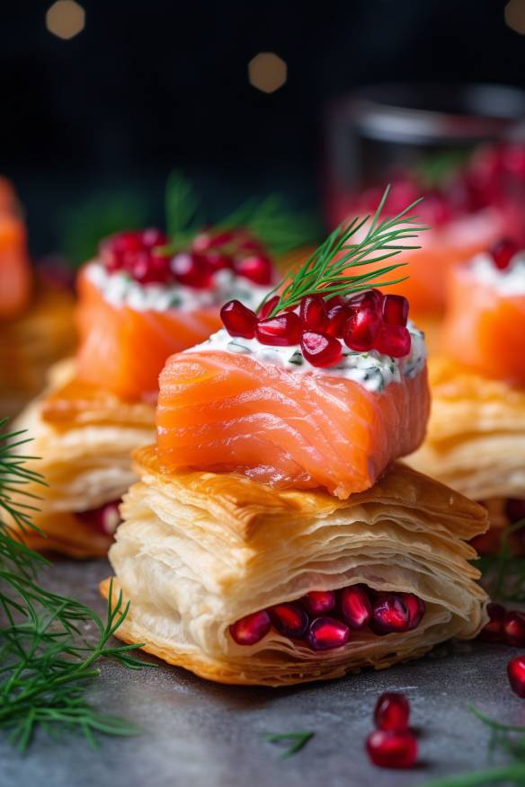 Weihnachtliche Häppchen mit Blätterteig, Rote Beete, Lachs und Ziegenkäse.