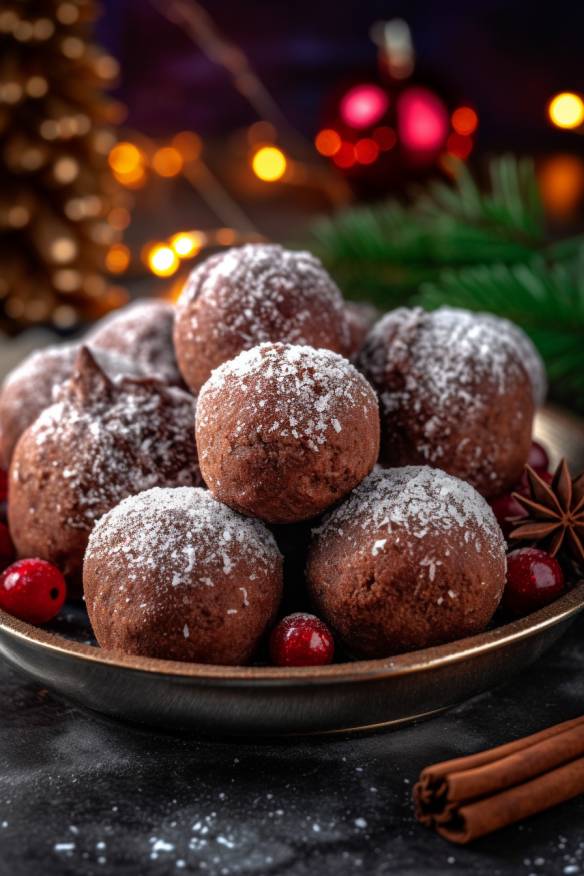 Weihnachtliche Brownie-Kugeln auf einem Teller angerichtet.