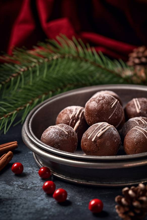 Weihnachtliche Brownie-Kugeln auf einem Teller angerichtet.