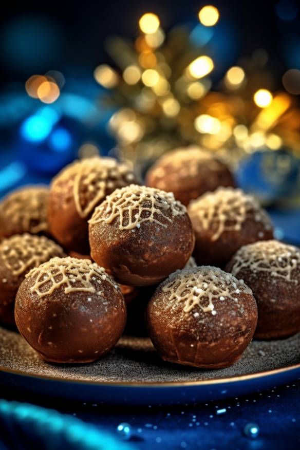 Weihnachtliche Brownie-Kugeln auf einem Teller angerichtet.