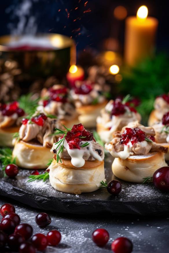 Weihnachtliches Fingerfood mit Hähnchen, Champignons und Cranberries