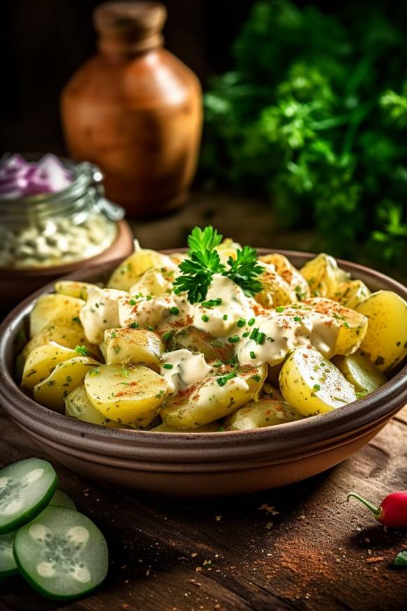 Klassischer Kartoffelsalat mit Gurken, Zwiebeln und Mayo