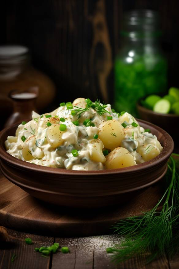 Klassischer Kartoffelsalat mit Gurken, Zwiebeln und Mayo