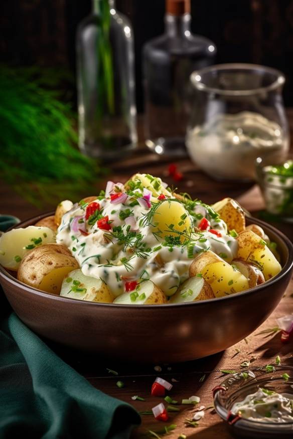 Klassischer Kartoffelsalat mit Gurken, Zwiebeln und Mayo