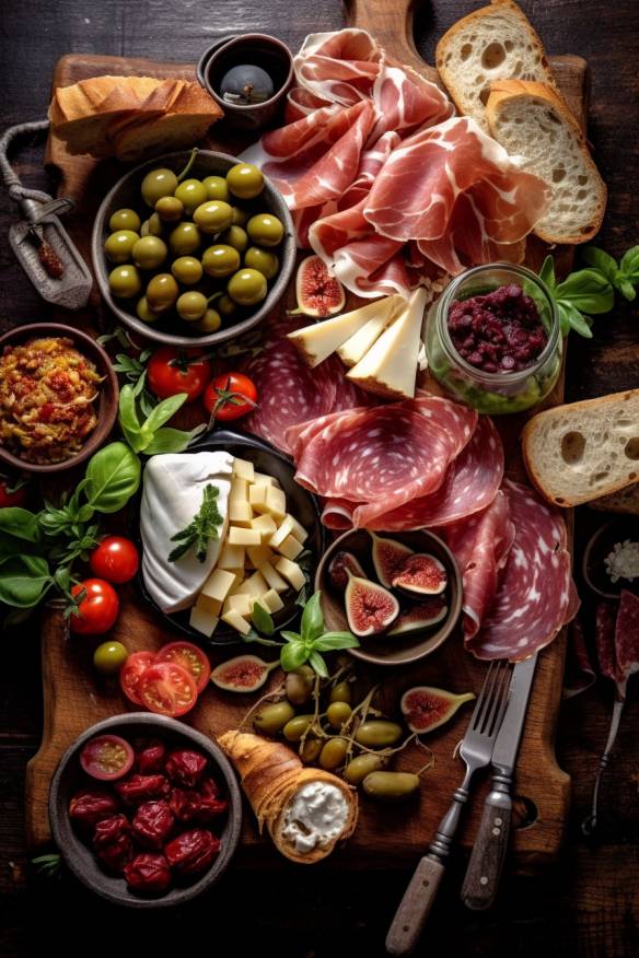 Klassische Antipasti-Platte mit Oliven, Artischocken, Parmaschinken und Baguette