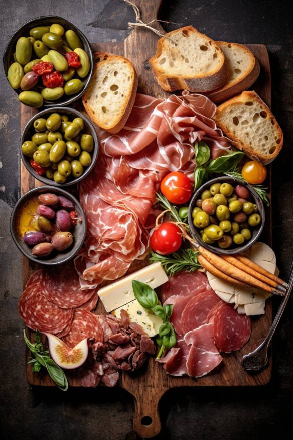 Klassische Antipasti-Platte mit Oliven, Artischocken, Parmaschinken und Baguette