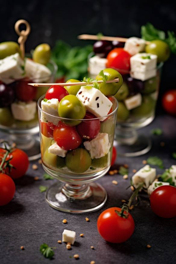 Feta Fingerfood Kalt mit Tomaten, Gurken und Oliven