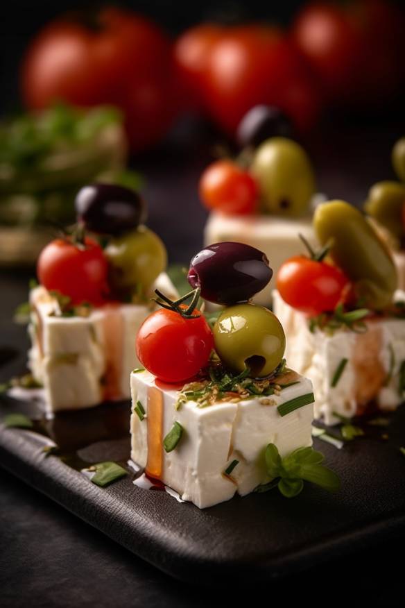 Feta Fingerfood Kalt mit Tomaten, Gurken und Oliven