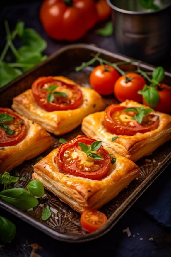 Knusprige Blätterteigstangen mit Schafskäse und Tomaten