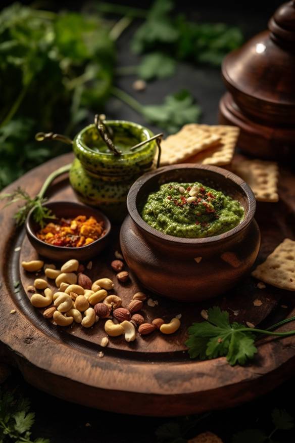 Kaltes Fingerfood mit indischem Minz-Chutney und Erdnüssen.