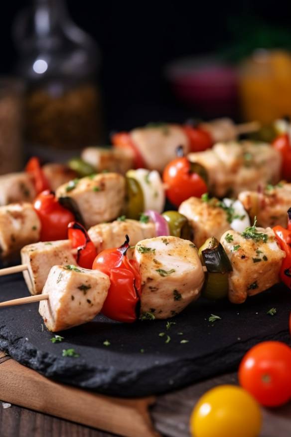 Partyspieße kalt mit Hähnchenbrustfilet, Gemüse und Baguette