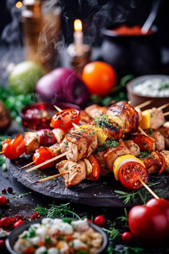 Partyspieße kalt mit Hähnchenbrustfilet, Gemüse und Baguette