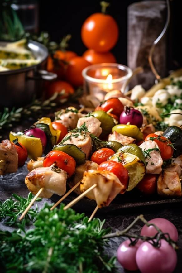 Partyspieße kalt mit Hähnchenbrustfilet, Gemüse und Baguette