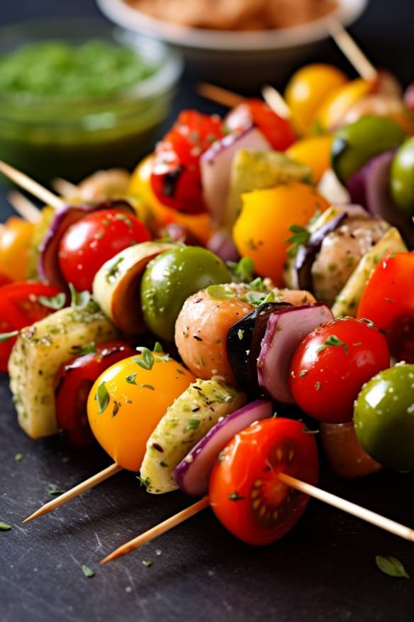 Bunte Gemüse-Spieße als kalte Fingerfood-Partysnacks für den Kindergeburtstag.