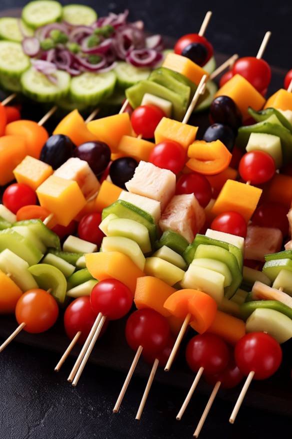 Bunte Gemüse-Spieße als kalte Fingerfood-Partysnacks für den Kindergeburtstag.