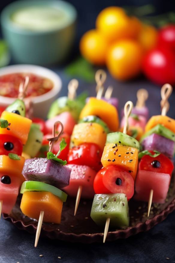 Bunte Gemüse-Spieße als kalte Fingerfood-Partysnacks für den Kindergeburtstag.