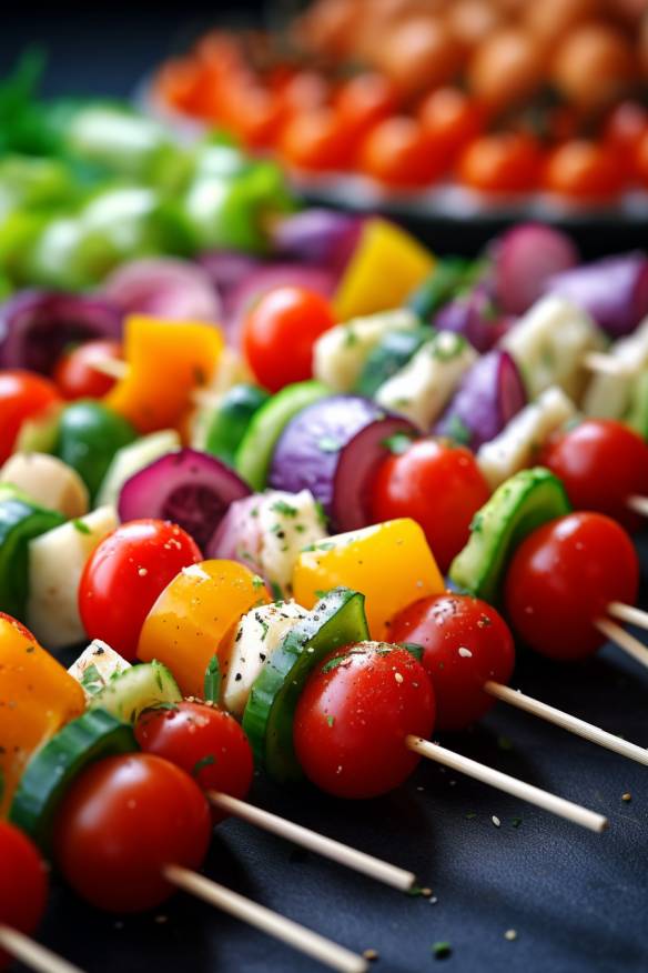 Bunte Gemüse-Spieße als kalte Fingerfood-Partysnacks für den Kindergeburtstag.