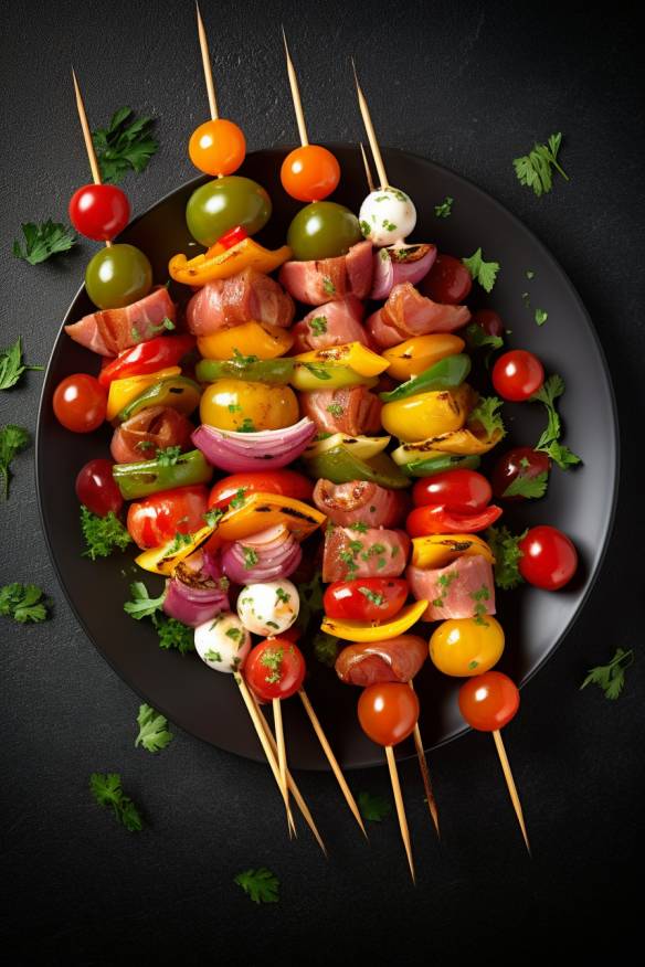 Caprese-Spieße angerichtet auf einem Teller.