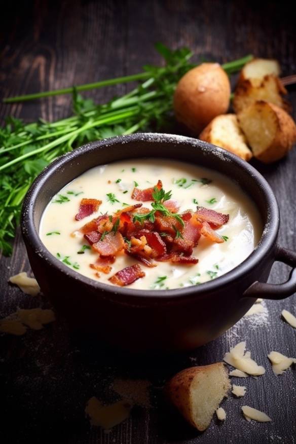 Cremige Kartoffelsuppe mit geröstetem Knoblauch und Speck