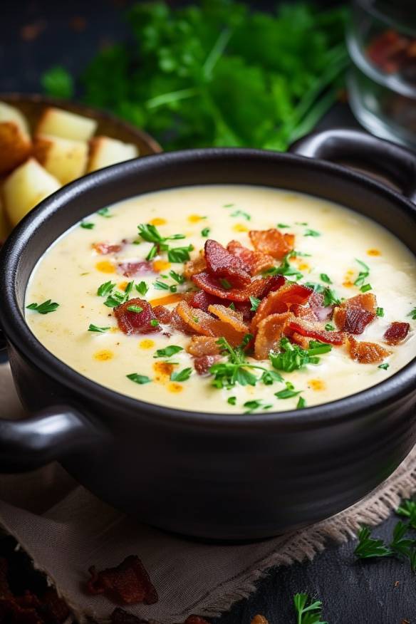 Cremige Kartoffelsuppe mit geröstetem Knoblauch und Speck