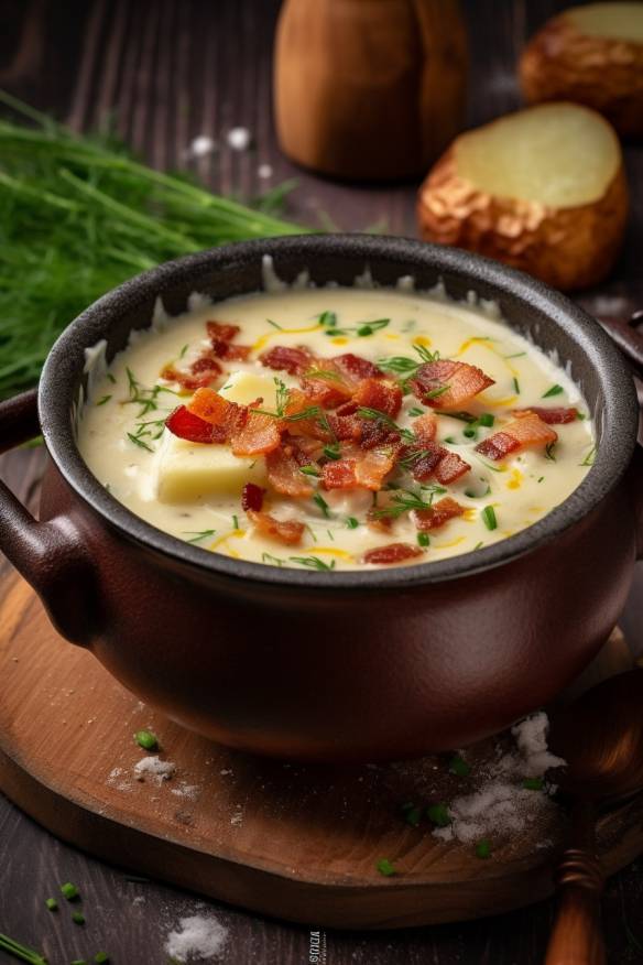 Cremige Kartoffelsuppe mit geröstetem Knoblauch und Speck