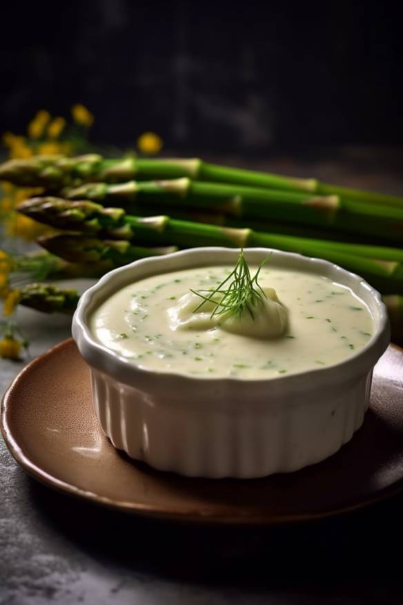 Cremige Spargelcremesuppe in einer weißen Suppenschüssel.