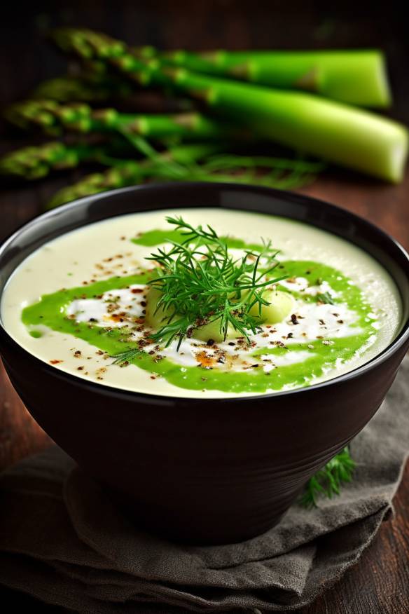 Cremige Spargelcremesuppe in einer weißen Suppenschüssel.