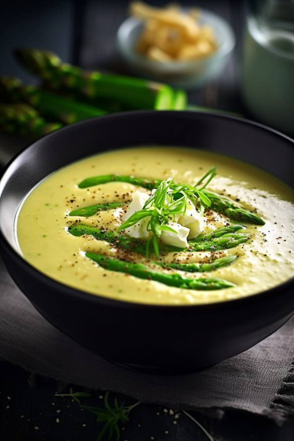 Cremige Spargelcremesuppe in einer weißen Suppenschüssel.