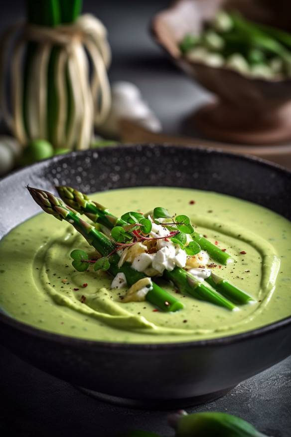 Cremige Spargelcremesuppe in einer weißen Suppenschüssel.