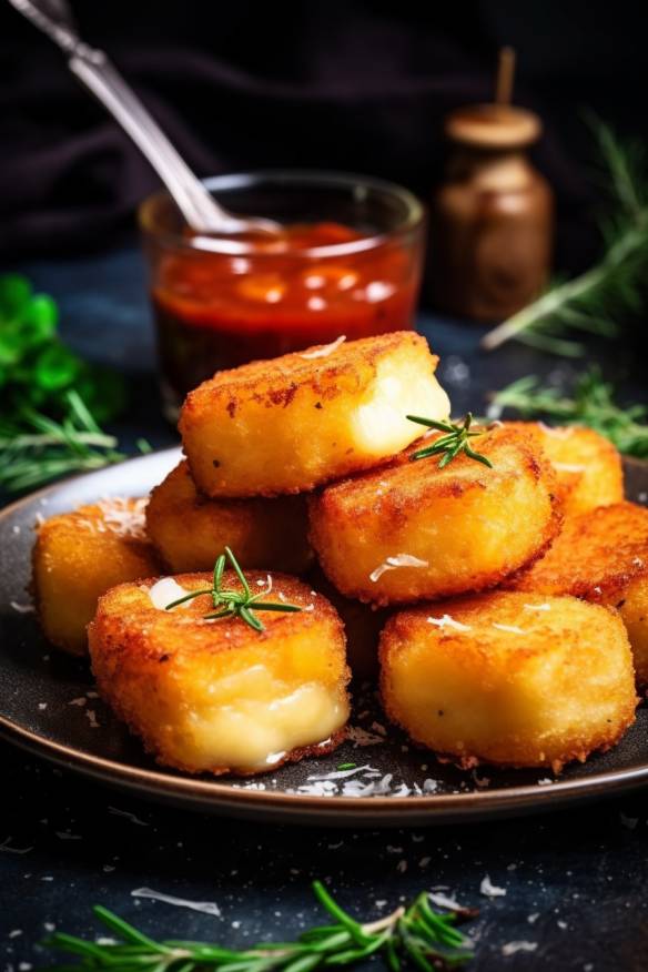 Knusprige Käse-Kartoffel-Patties auf einem Teller.