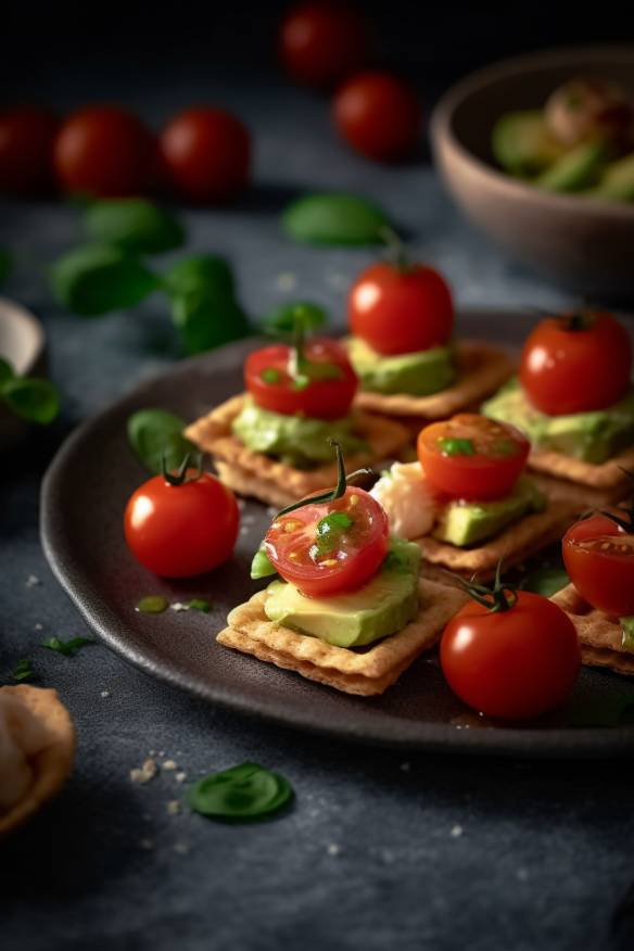 Knusprige Cracker-Häppchen mit Avocado-Creme und Tomaten