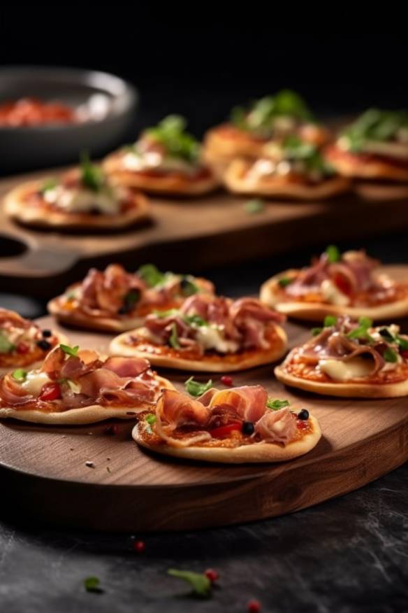 Knusprige Mini-Pizzen auf einer Platte